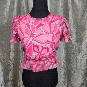 Show Me Your Mumu‎ Pink Heart Print Tie Back Puff Sleeve Ruffle Top Size Large L